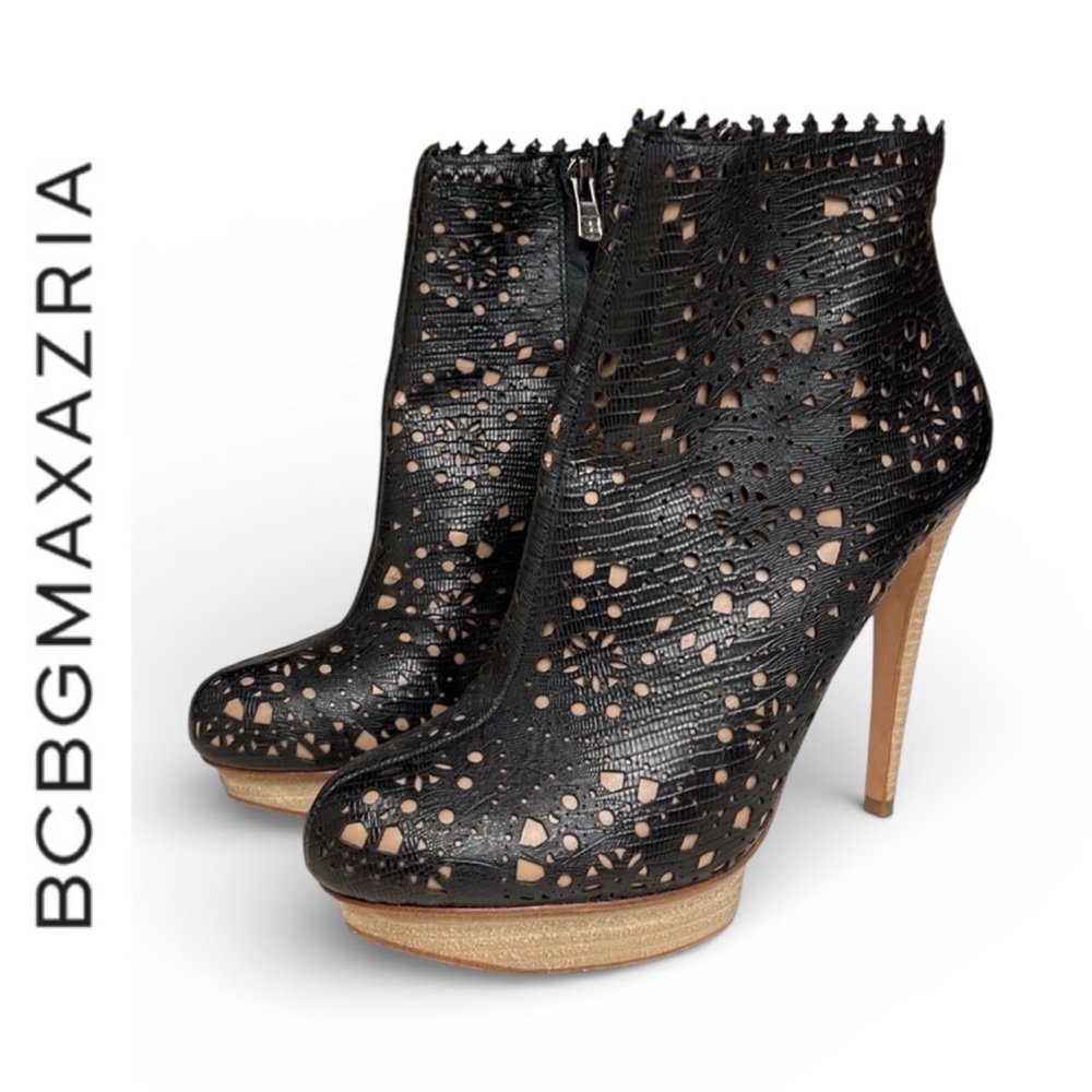 BCBG MAXAZRIA FLO BLACK LASER CUT LEATHER PLATFORM STILETTO ANKLE BOOTS BOOTIES